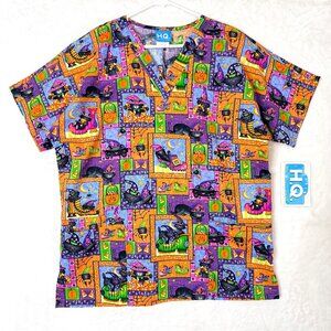 NEW HQ Scrub Fun Halloween Pumpkin Cat Candy Medical Nurse V Neck Top Womens M